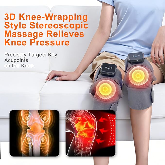 Knee Massager Cordless with Heat for Pain Relief Electric Heated Knee Brace - Knee Heating Pad with 6 Heat Levels &amp 9 Vibration Warm Gifts for Men Women Dad Mom (Grey Pair)