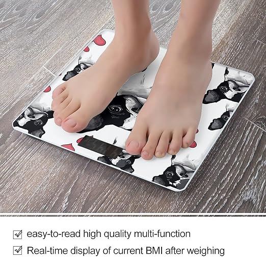Boston Terrier Red Heart Dog Weight Scale Large Bathroom Scales Digital Weight with Bright LED Display Non Slip Automatic Weighing Scale Fashion Weighing Machine for Body