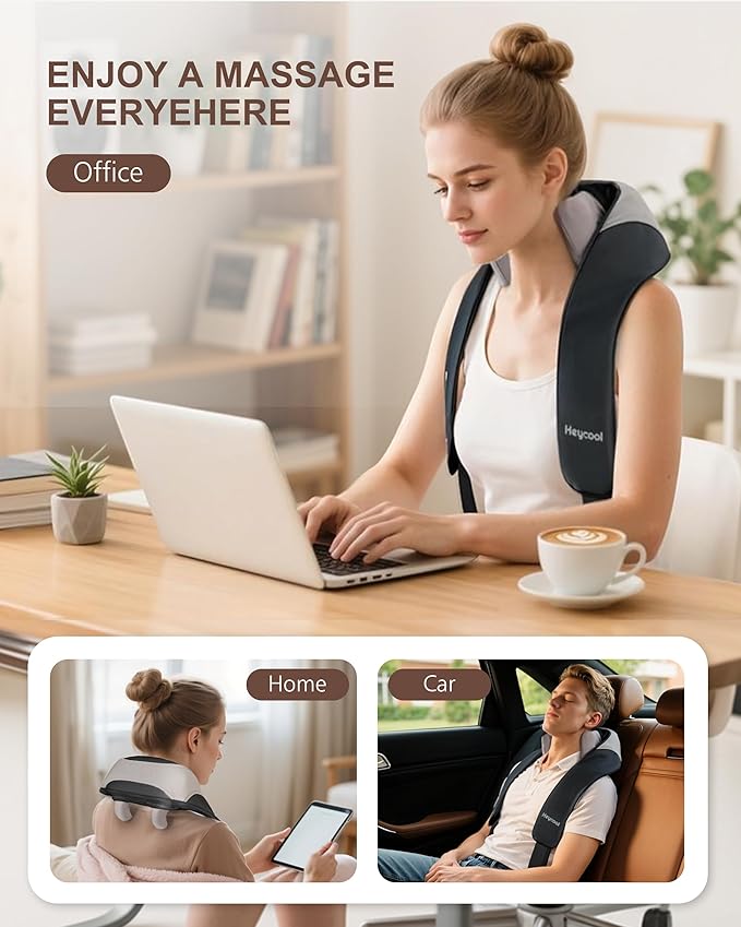 Cordless Neck Massager with Heat Shiatsu Neck Shoulder Massager for Pain Relief Deep Tissue 2 Heating Areas 3 Modes Kneading Back Massager Presents/Gifts for Women Men