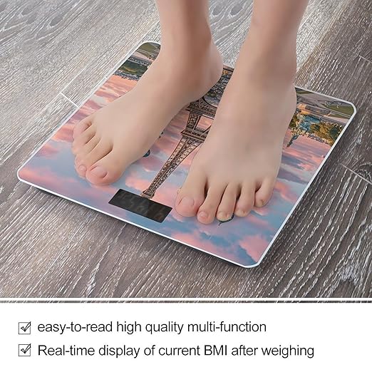 Romantic Paris Eiffel Tower 2 Bathroom Scale for Body Weight Bathroom Weighing Scales with Back Lit LED Display Sturdy Tempered Glass Body Weight Bathroom Scale 400lb Weighing