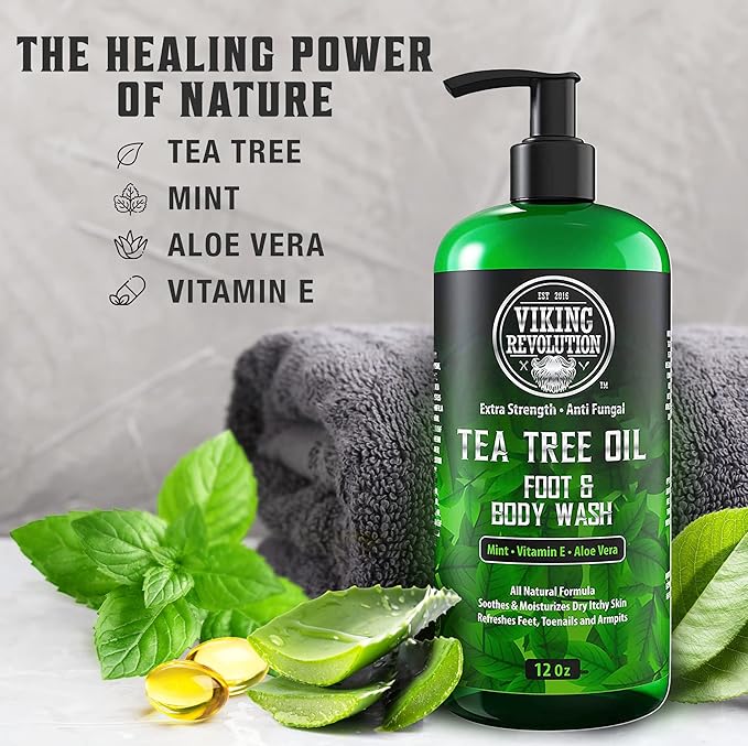 Viking Revolution Skin Cleaning Agent Tea Tree Kit for Men - Tea Tree Oil Set with Body Wash &amp Balm - Hydrating Helps Athlete's Foot Jock Itch Eczema &amp Body Odors - Extra Strength 2 Piece