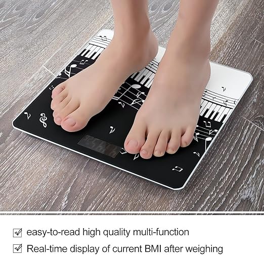 Black White Music Note Scale for Body Weight Anti-Slip Sturdy Tempered Glass Weighing Machine Highly Digital Accurate Bright LCD Bathroom Scale for Household Gift