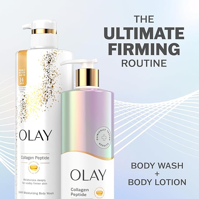 Olay Elasticity Boosting Body Wash + Body Lotion Bundle Pack Moisturizing &amp Firming Formula with Collagen Peptide Serum &amp Vitamin B3 Complex 26 fl oz &amp 17 fl oz (Pack of 2)