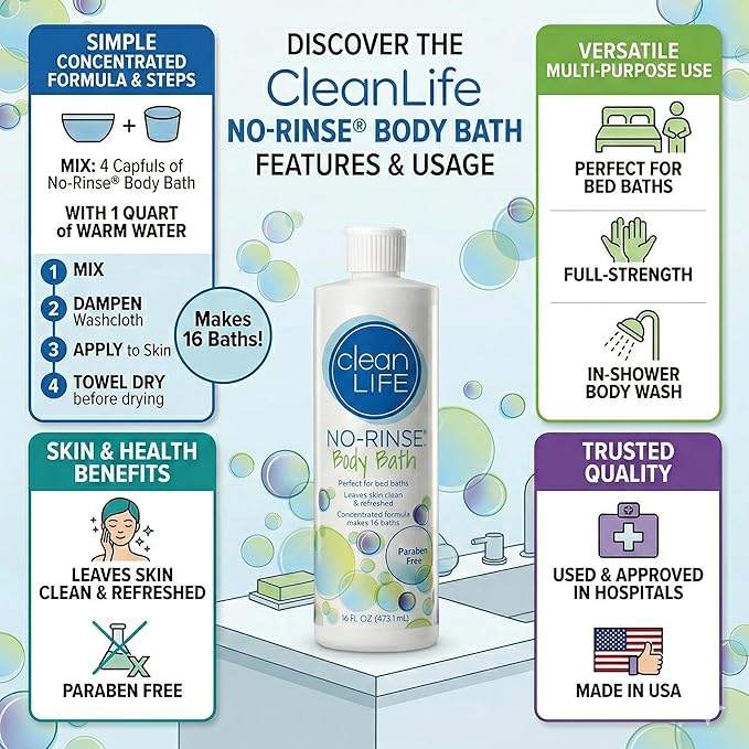 No-Rinse CleanLife Products Body Bath 16 fl oz (Pack of 3 Makes 48 Complete Baths) – Gentle Concentrated Liquid Body Wash Made in USA – Ideal for Post-Surgery Elderly Care Camping and Travel