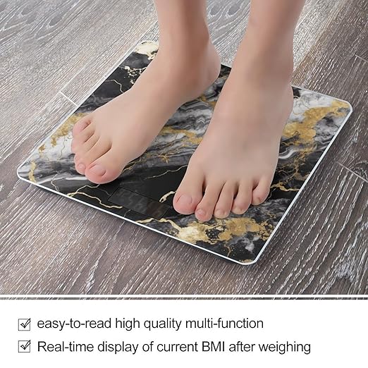 Black White Gold Foil Marble Scale for Body Weight Safe Rounded Corners Tempered Glass Digital Bathroom Scale LED Display 400lb Capacity Weight Scales with High Precision Sensors