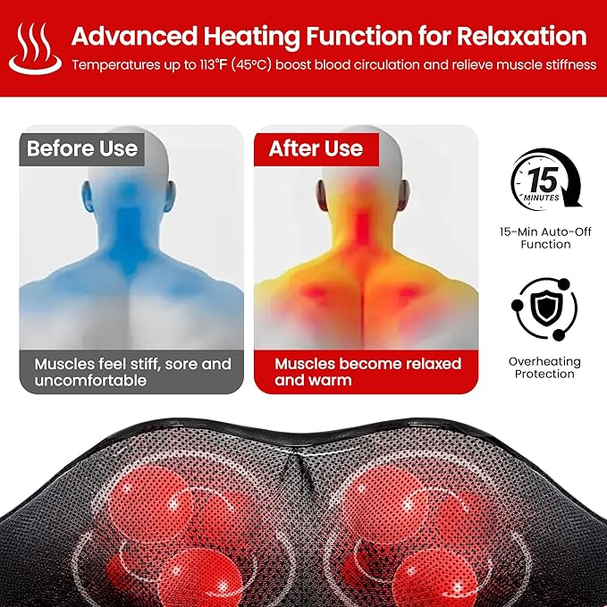 Shiatsu Neck and Back Massager for Pain Relief Deep Tissue Neck and Shoulder Massager with Heat Electric Kneading Back Massage for Muscle Waist Leg and Foot Best Gift for Women Men Mom Dad