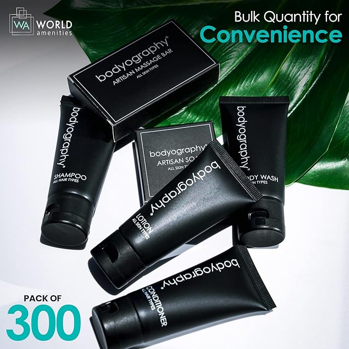 World Amenities - Bodyography - Bulk Body Wash | 300 Count 1.4oz | Lavender Peppermint Mini Travel Size Toiletries (100% Recyclable Tube with Flip Top Cap) Hotel Amenities.