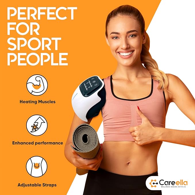 Careella Advanced Wireless Knee Massager – Heated &amp Rechargeable Pad with Smart Vibration Cordless Comfort Device &amp Gentle Light for Knees &amp Joints - XL Size Adjustable Brace - Portable R