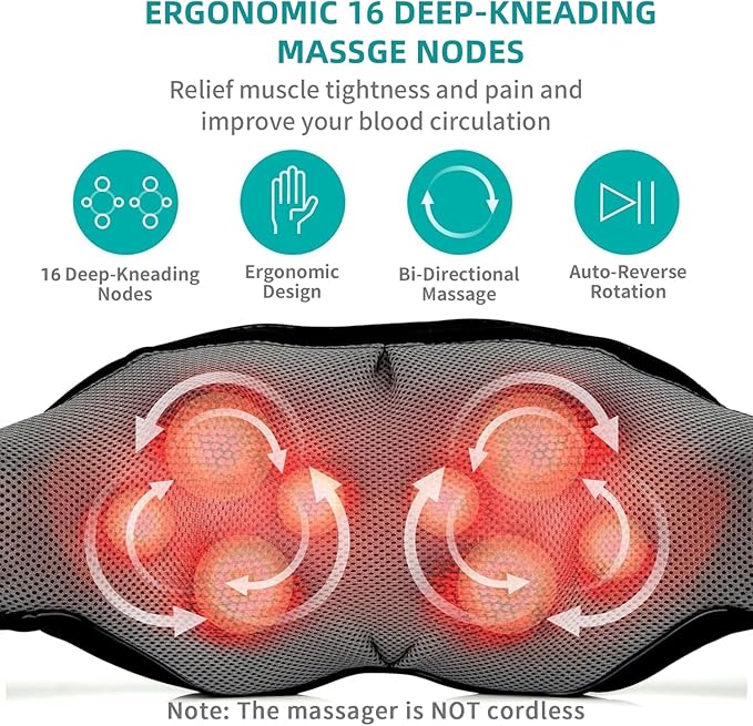 Nekteck Cordless Shiatsu Neck and Back Massager with Soothing Heat Rechargeable Electric Deep Tissue 3D Kneading Massage Pillow for Shoulder Leg Body Muscle Pain Relief 3 Speed Intensities