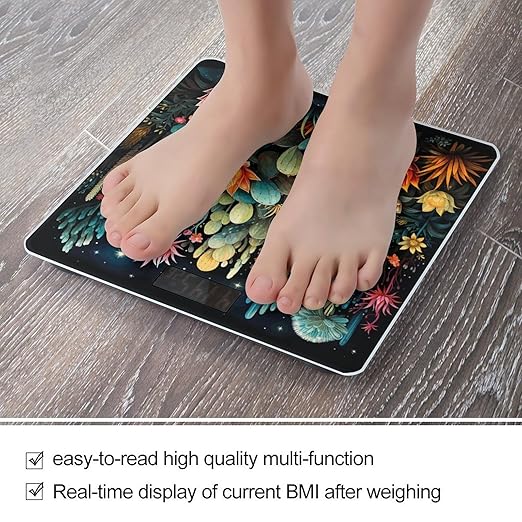 Colorful Cactus Pattern Digital Bathroom Scale for Body Weight Weighing Scale with Backlit LCD Display High Precision Measurements &amp Measures Weight Up to 180kg