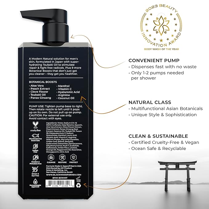 Blackwood For Men Pure Moisture Body Wash (17 oz) + Double Duty Beard &amp Body Scrubber Bundle - Natural Vegan Formula for Sensitive Skin and Workout Recovery - Dual-Sided Men's Shower Tool