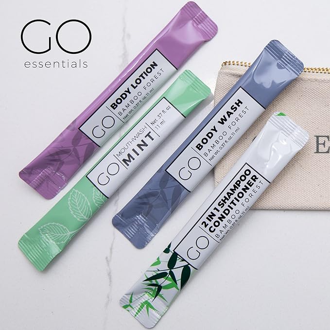 Go Essentials Travel Mouthwash and Travel Body Wash Bundle. Contains 20 Single Unit Packets of Each. Great for Airbnb Trips spas Hotels Resorts Gift Baskets.