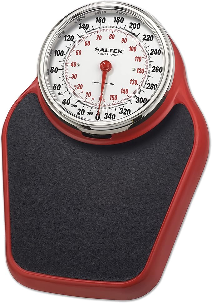 Salter Pro-Helix Professional Oversized Bathroom Scale with Black/Red Powder-Coated Steel Coated Base Anti-Slip Bath Mat 400 LB Capacity Analog Scale 18.25 x 13.0 Inch Black/Red