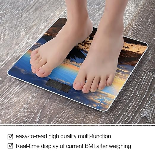 Mauna Kea Summit Sunset Scale for Body Weight Anti-Slip Tempered Glass Digital Bathroom Scales Clear LCD Display Weighing Scale Safe Rounded Corners Smart Scales