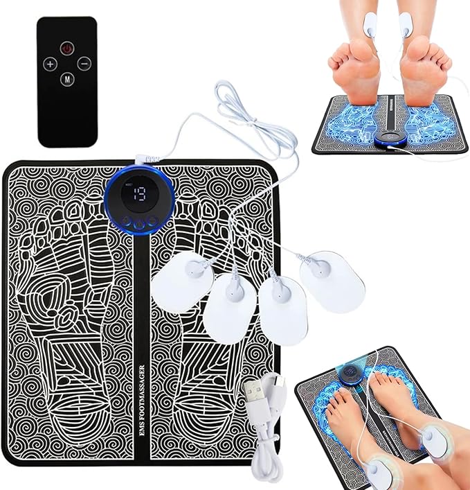 EMS Foot Massager for Pain Relief &amp Muscle Stimulation - 19 Intensity Levels 8 Modes with Wireless Remote | EMS Foot Plate Technology for Home/Office/Recovery Use (USB Rechargeable)