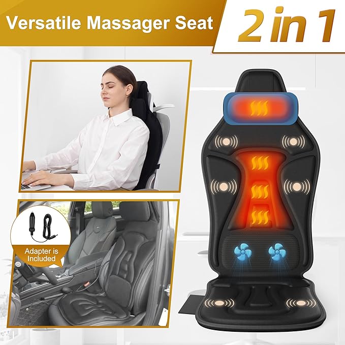 Back Massager with Heat Portable Chair Massager Seat Cushion with Vibration Massage Back Massage Chair Pad with Optional Cooling Gifts for Dad Men Women Home Office Use