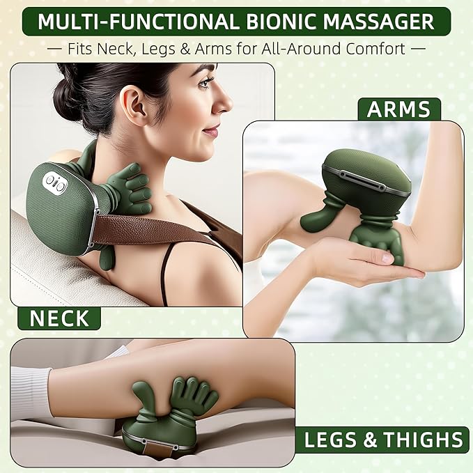 Neck Massager with Heat Bionic Portable Shiatsu Neck and Back Massager Electric Shoulder Massagers with Fingers for Pain Relief Deep Tissue Simulated Human Hand Design 4D Kneading Green