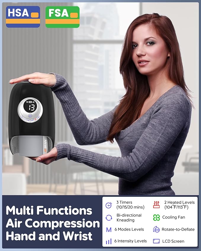 Hand Massager with Heat and Compression : Full Hand and Wrist Massage with Palm Kneading Rollers - Gifts for Arthritis Pain Relief Relaxation &amp Circulation - HSA or FSA Eligible