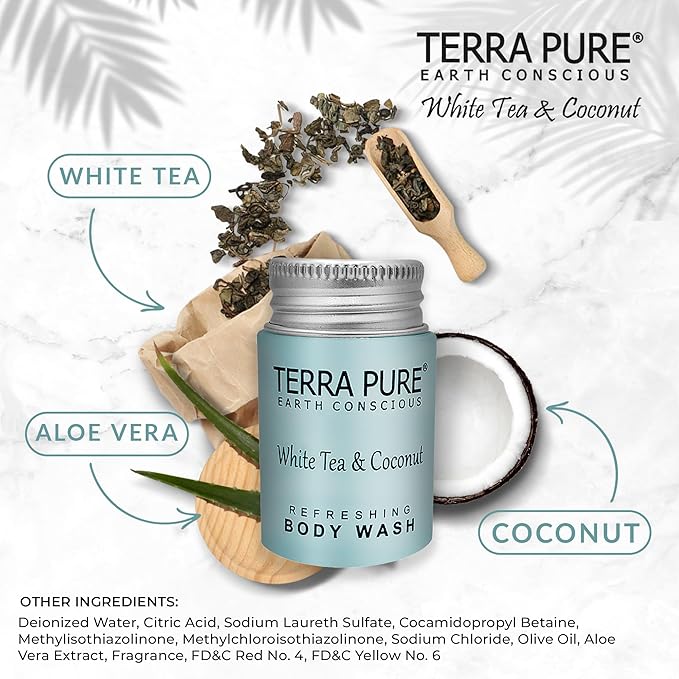 Travel Size Hotel Body Wash 100 Count 1 oz Bottles Guest Amenities for Hotels Vacation Rentals &amp Short Term Rentals Paraben Free White Tea &amp Coconut Scent Infused with Aloe and Olive Oil by Te