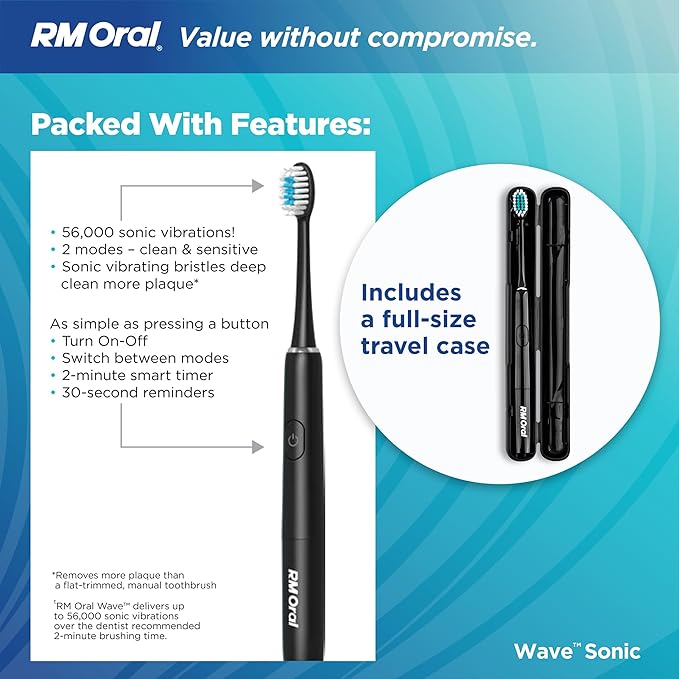RM Oral Wave Sonic Battery-Operated Toothbrush with Soft Bristles &amp Travel Case 56000 Sonic Vibrations for Clean &amp Sensitive Whitening &amp Plaque Removal 2-Minute Timer Black
