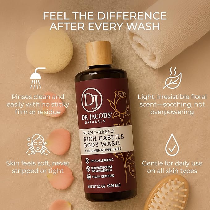 Dr. Jacobs Naturals Castile Rose All-Natural Body Wash for Moisturizing Dry and Sensitive Skin Shampoo with Plant-Based Ingredients Gluten Preservatives-Free Formula with Pump - 32 Ounce