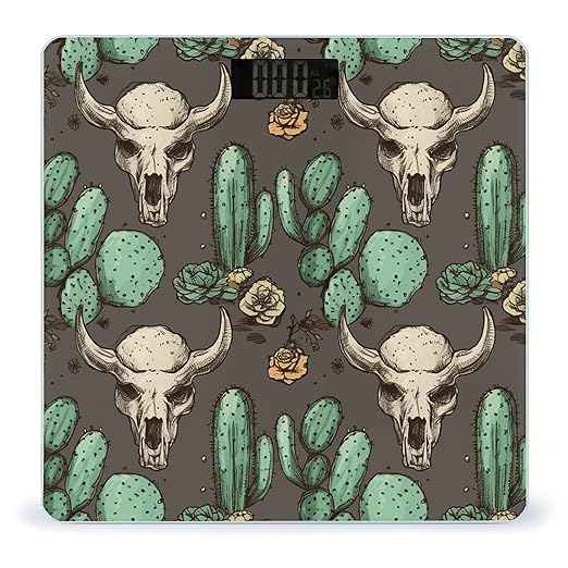Skull of Bull and Cute Cactus Scale for Body Weight Precision Bathroom Weighing Scales with Back Lit LCD Display Sturdy Tempered Glass Body Weight Scales Digital Bathroom Scale 400lb