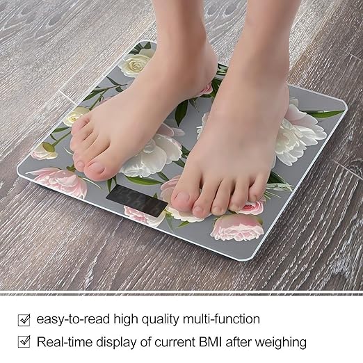 Peony Flowers Rose Bathroom Scale for Body Weight with High Precision Large LCD Backlight Display Digital Weighing Scale with BMI Capacity Up to 180kg