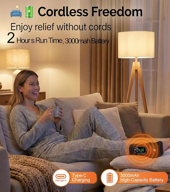 Foot Massager for Neuropathy Plantar Fasciitis Pain Relief Cordless Heated Vibrating Cloud-Soft Ankle Wrap Feet Massage Portable 2H Run Time 6 Heats 3 Modes Auto-Off Timer 1pcs