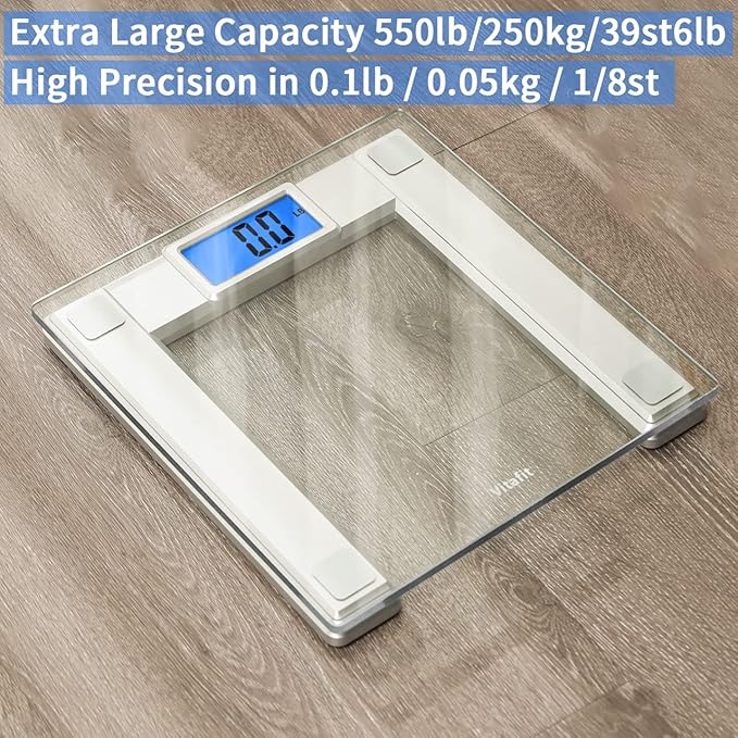 Vitafit 550lb Digital Bathroom Scale for Body Weight and BMI Via Smart APP High Accuracy Assured by Weighing Professional Since 2001 8mm Tempered Glass Extra Large Blue Backlit LCD Silver