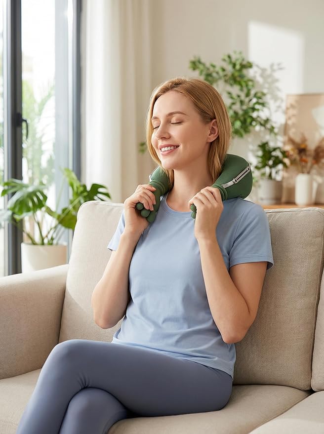 Handheld Electric Massager with Heat 4D Kneading Shoulder and Neck Massager Green Portable Deep Tissue Muscle Relief Brushless Motor