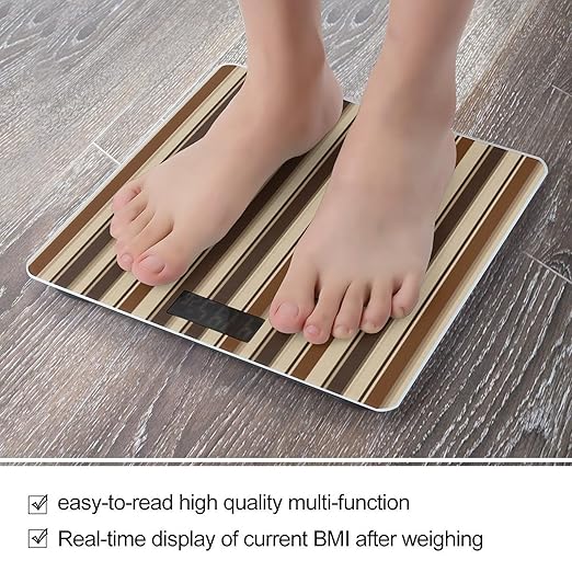Brown Stripe Digital Bathroom Scale for Body Weight with High Precision Digital Weighing Scale with BMI Clear LCD Display and Step-On Measures Weight Up to 180kg