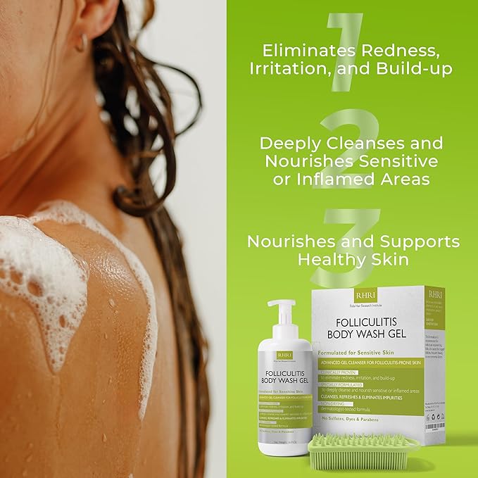 Folliculitis Treatment Folliculitis Body Wash Sensitive Skin | Gel Cleanser for Redness &amp Irritation with No Sulfates Dyes or Parabens | Body Wash Includes Bonus Scrubber Brush