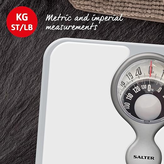 Salter 484 WHDR Mechanical Bathroom Scale – Premium Body Weight Scale Personal Analogue Scale Large Magnifying Lens 133 KG Max Capacity Monochrome Design No Batteries Required White
