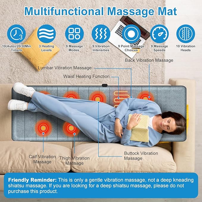 Moclever Full Body Massage Mat with Heat - 10 Motors 3 Heat Pads 9 Modes for Back &amp Leg Pain Relief - Electric Massage Pad with Lumbar Pillow