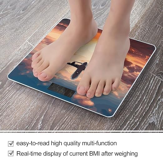 Airplane Sunset Sky Weight Scale Digital Electronic Scales Bathroom Scale Larg LCD Backlight Display High Precisio MeasurementsTempered Glass