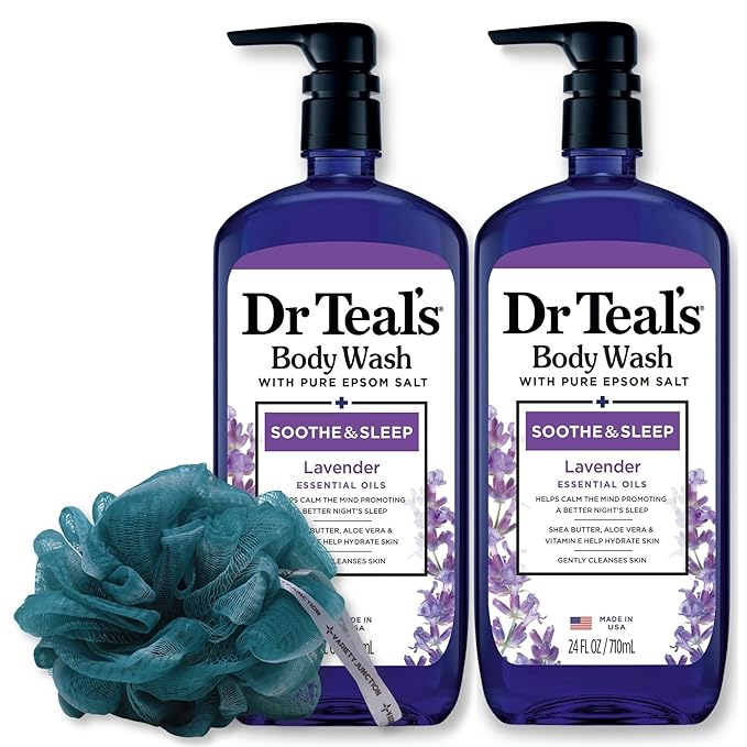 Dr Teal Lavender Body Wash 24oz 2-Pack with Premium Sponge - Relaxing and Hydrating Bath Essentials