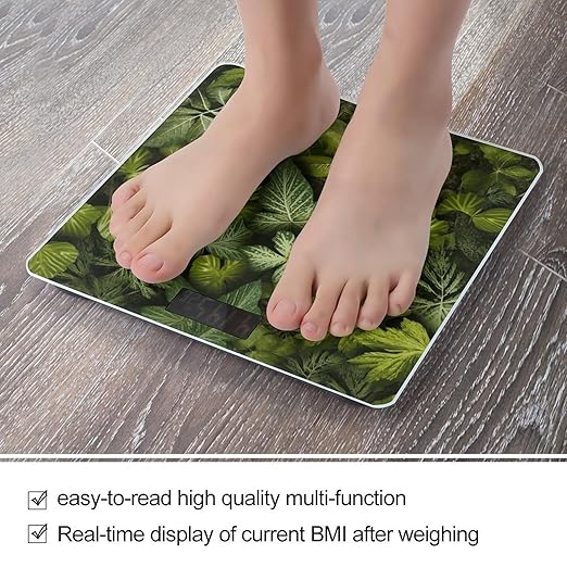 Green Leaves and Plants Scale for Body Weight Anti-Slip Tempered Glass Digital Bathroom Scales Clear LCD Display Weighing Scale Safe Rounded Corners Smart Scales