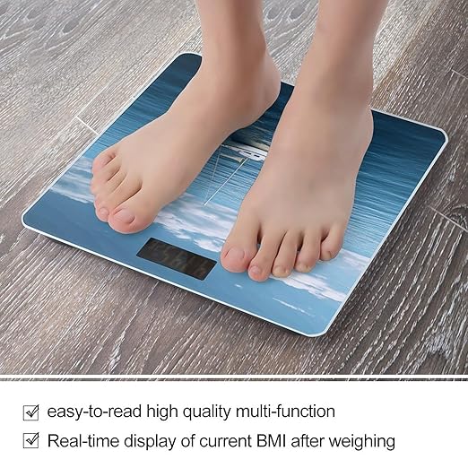 White Boat on Blue Sea Digital Bathroom Scale for Body Weight Weighing Scale with Backlit LCD Display High Precision Measurements &amp Measures Weight Up to 180kg