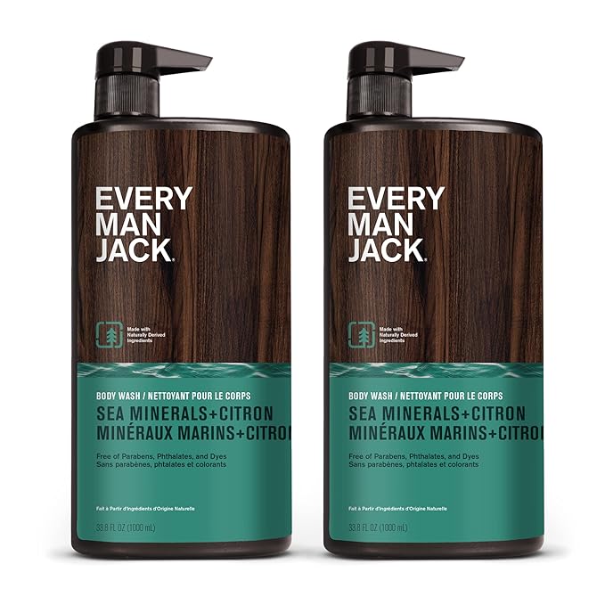 Every Man Jack Men’s Hydrating Body Wash for All Skin Types - Cleanse and Hydrate Skin with Naturally Derived Marine Extracts Coconut Oil and a Sea Minerals + Citron Scent - 33.8 fl. oz. - 2 Bottle