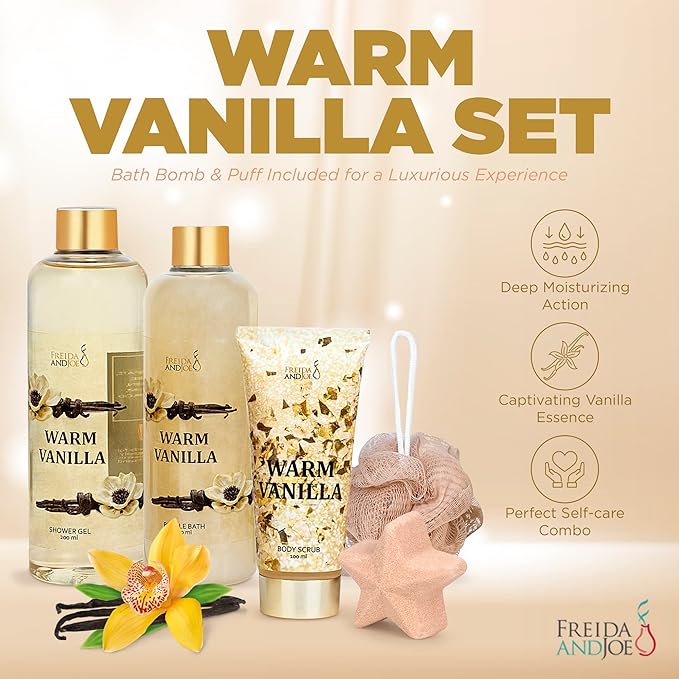 Freida &amp Joe Fragrance Bath &amp Body Collection Gift Box Includes Shower Gel Body Lotion Body Scrub Bath Bomb &amp Sponge (Warm Vanilla)
