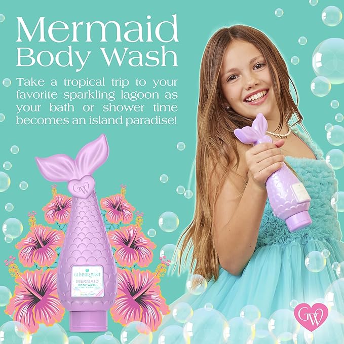 Glimmer Wish Mermaid Kids Bath &amp Lip Care Bundle – Gentle Sulfate-Free Body Wash (12 fl oz) + Glimmer Whip Hydrating Vegan Lip Balm Tropical Pineapple Scent