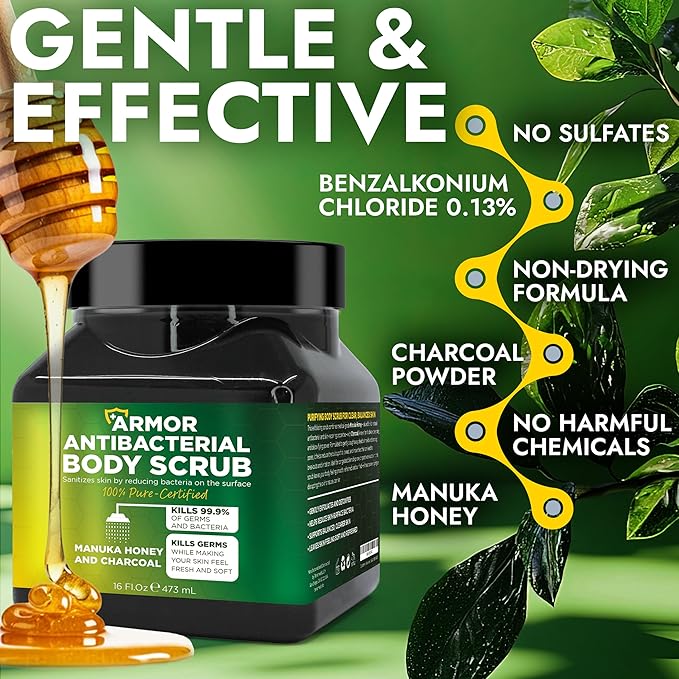 Antibacterial Body Scrub | Manuka Honey &amp Charcoal | Kills 99.9% of Germs &amp Bacteria | Body Scrub Exfoliator Deep Cleansing &amp Purifying for Smooth Fresh &amp Soft Skin | 16 fl oz