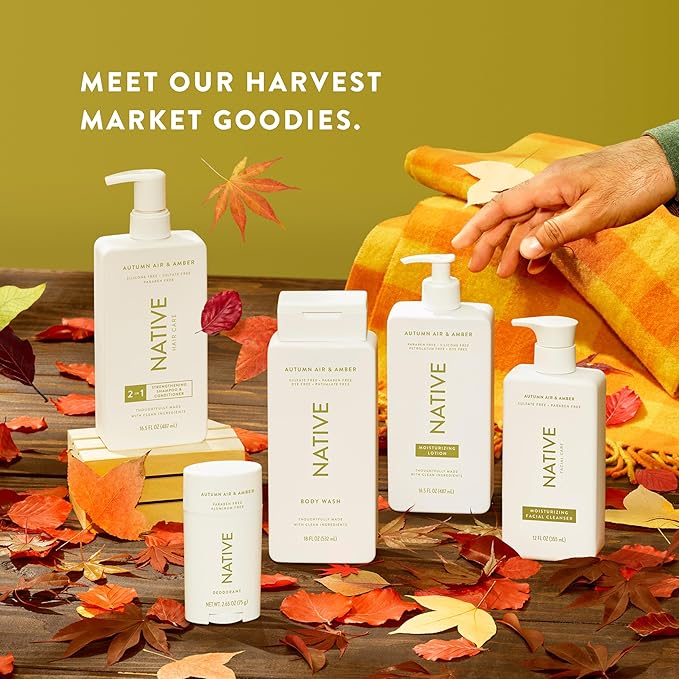 Native Body Wash with Naturally Derived Ingredients - Autumn Air &amp Amber - For Women &amp Men Sulfate Paraben &amp Dye Free Leaving Skin Soft and Hydrating | Fall Seasonal Scent Bundle 18 oz