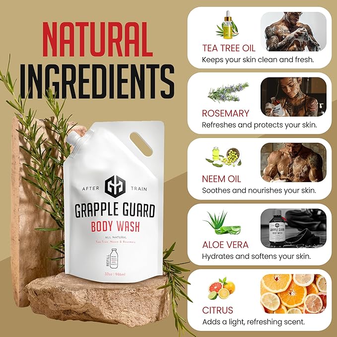 Natural Liquid Soap Body Wash | Grappling Inspired Unisex Body Wash Suitable for All Skin Types with Tea Tree Oil Neem Oil and Rosemary Extract - Citrus/Tea Tree Scent (32oz) Refill
