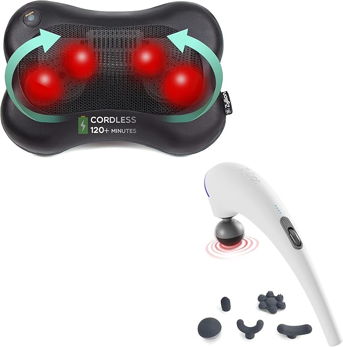 Zyllion ZMA-13RB Rechargeable Shiatsu Pillow Massager (Black) and ZMA-27 Rechargeable Handheld Massager Bundle (White)