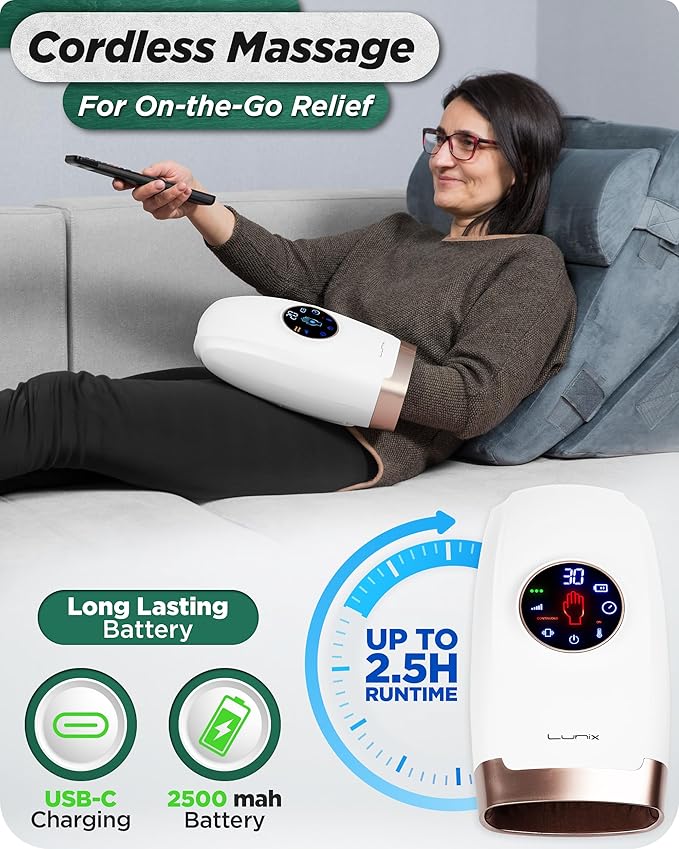 Lunix LX7 FSA Carpal Tunnel &amp Wrist Pain Relief Device Heated Air Compression Hand Massager for Arthritis Mothers Day Gifts for Women &amp Mom Touchscreen Lunar White