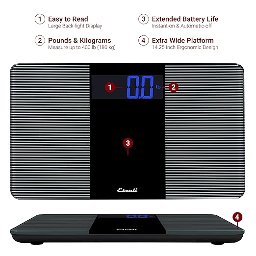 Escali Extra Wide Digital Bathroom Scale for Body Weight with Wide Platform for Natural Stance and Stability High Capacity of 400 lb Batteries Included