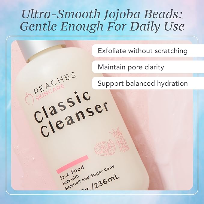 Peaches Skincare Hydrating Facial Cleanser – Vegan Face Wash with Grapefruit Sugar Cane and Gotu Kola – Lightly Exfoliating Daily Formula for All Skin Types – Classic Cleanser – 8 oz