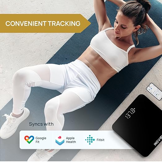INEVIFIT Smart Bathroom Scale Highly Accurate Bluetooth Digital Bathroom Body Weight Scale Precisely Measures Weight &amp BMI for Unlimited Users (S-Black)