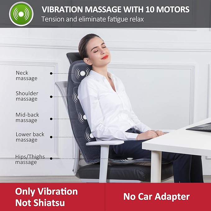 Snailax Massage Seat Cushion with Heat - Extra Memory Foam Support Pad in Neck and Lumbar10 Vibration Massage Motors 2 Heat Levels Back Massager Chair Pad for Back